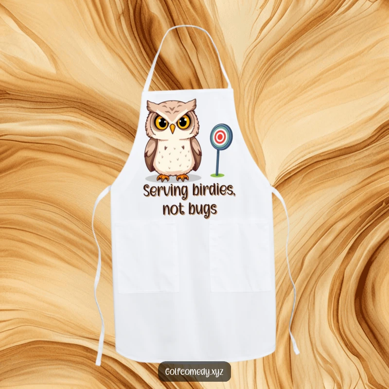 Funny Owl Apron: A confident owl intensely gazes at a distant golf target, making this a humorous and practical accessory for any cook.