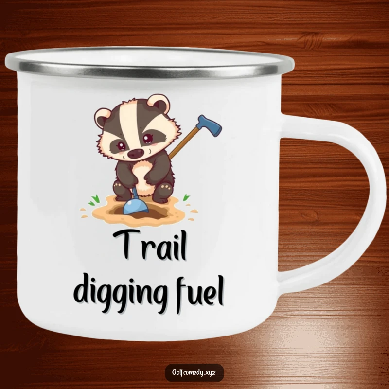 Funny badger digs with a golf club, on a rugged camping mug, bringing humor to outdoor activities.