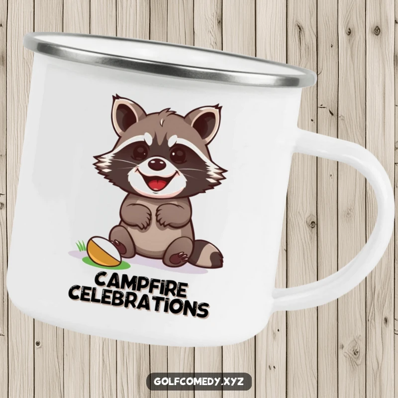Funny raccoon celebrating a golf putt win with paws up, on a rugged camping mug.