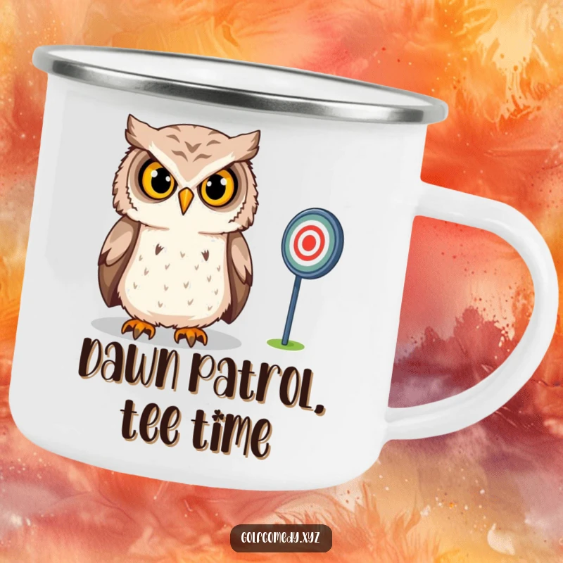Funny Owl Camping Mug: A confident owl intensely gazes at a distant golf target, a durable and humorous mug for outdoor enthusiasts.