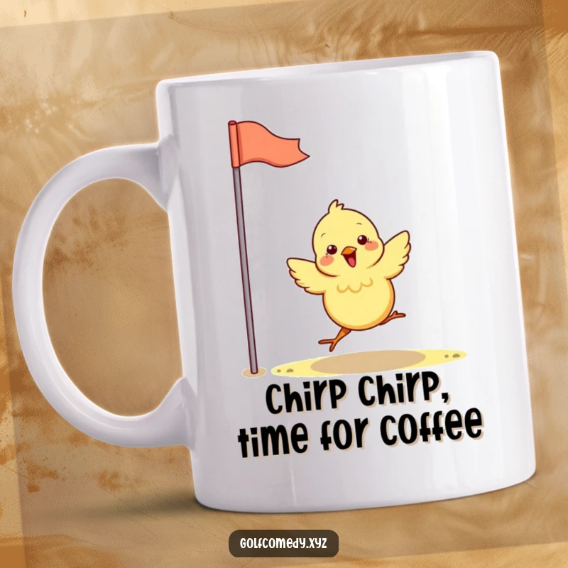 Funny chick hopping excitedly towards a golf flag, bringing joy and humor to this delightful mug design.