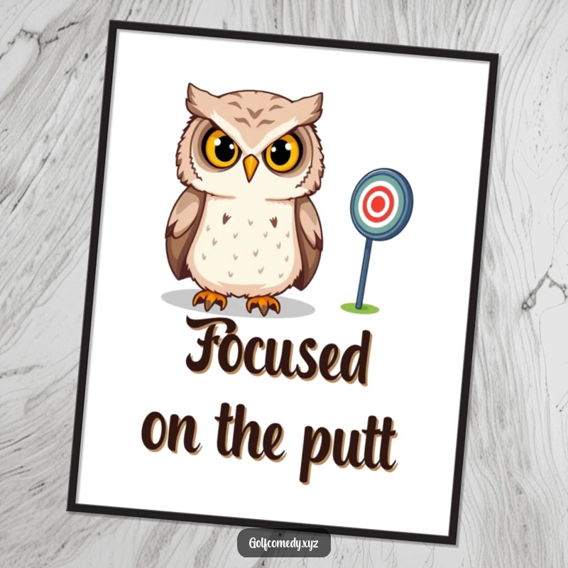 Funny Owl Digital Art Print: A confident owl intensely gazes at a distant golf target, offering a humorous and strategic downloadable artwork.