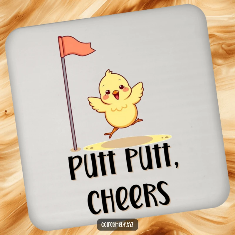 Funny chick happily hops towards a golf flag, featured on drink coasters, adding humorous protection to surfaces.