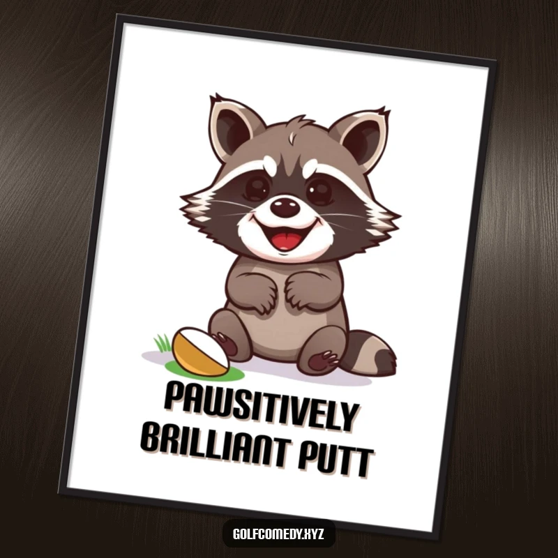 Funny raccoon grinning and celebrating a golf putt win with paws up, creating a vibrant art print.
