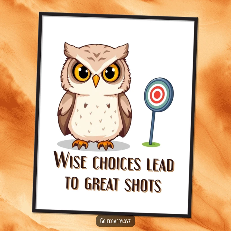 Funny free printable wall art of a confident owl intensely gazing at a distant golf target, exuding focus.