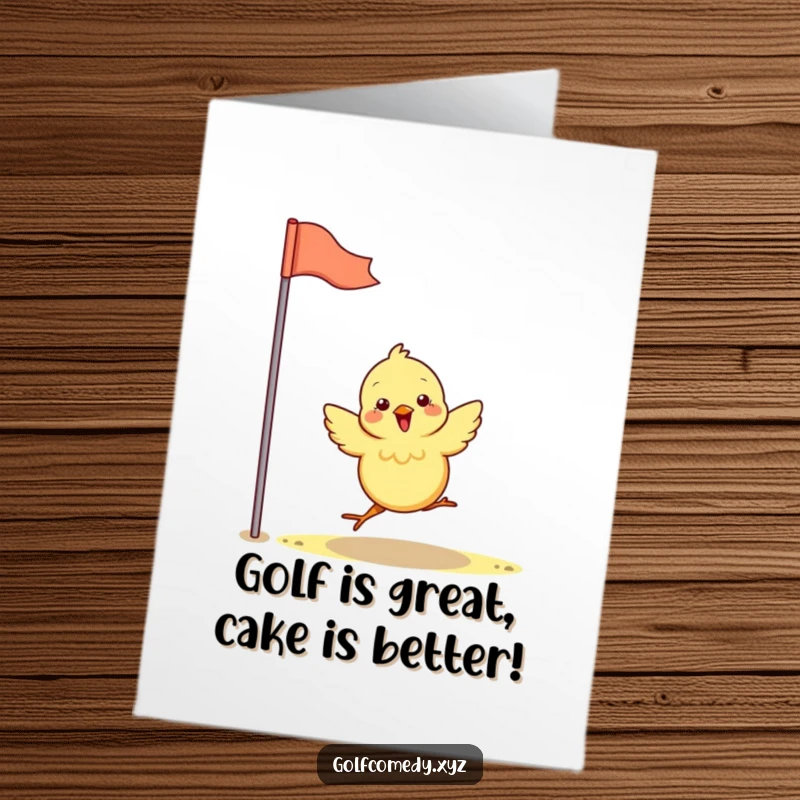 Funny Free Printable Birthday Card: Excited chick in golf attire hops towards flag, ready to celebrate wins.