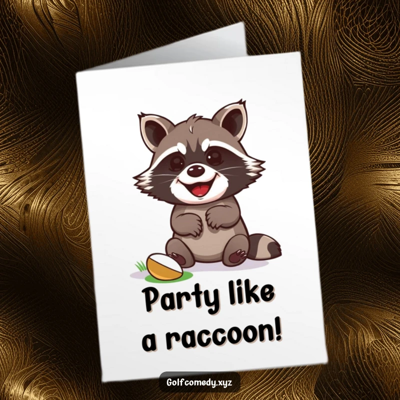 Funny Free Printable Birthday Card: Grinning raccoon celebrates sinking a golf putt, paws raised in triumph.