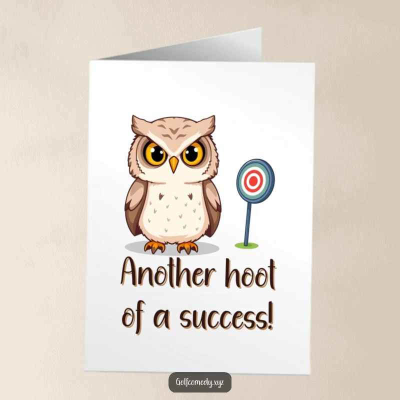 Free printable congratulations card with a confident owl intensely gazing at a distant golf target, celebrating victory.