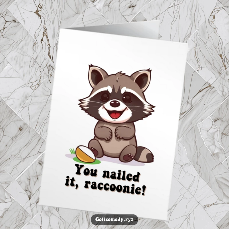 Funny Free Printable Congratulations Card: Excited raccoon performs a victory dance with paws up after a golf putt.