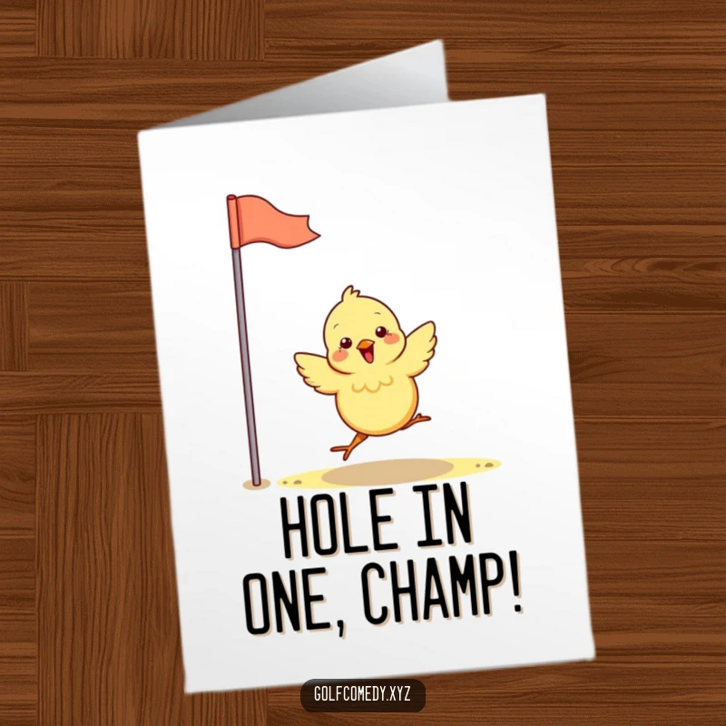Funny Free Printable Congratulations Card: Joyful chick celebrates a great golf shot, paws in the air.