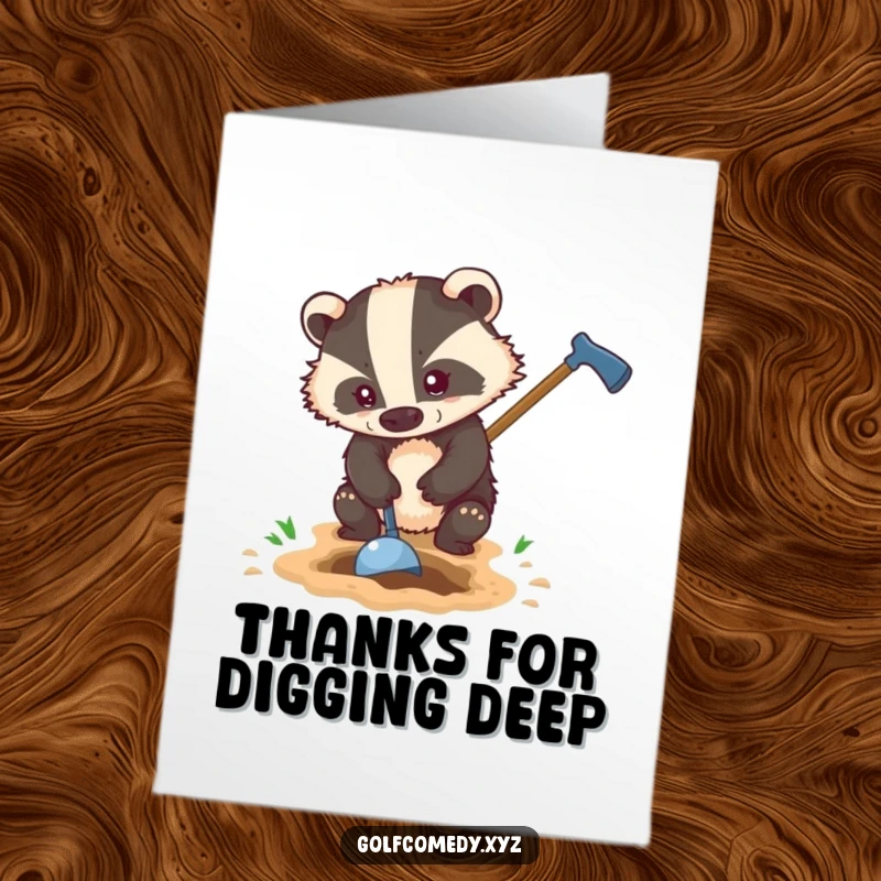 Funny Free Printable Thank You Card: Energetic badger digs with a golf club, showing sincere gratitude.