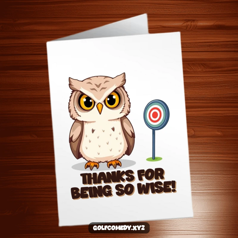 Funny free printable thank you card showing a confident owl intensely gazing at a distant golf target, expressing thanks.