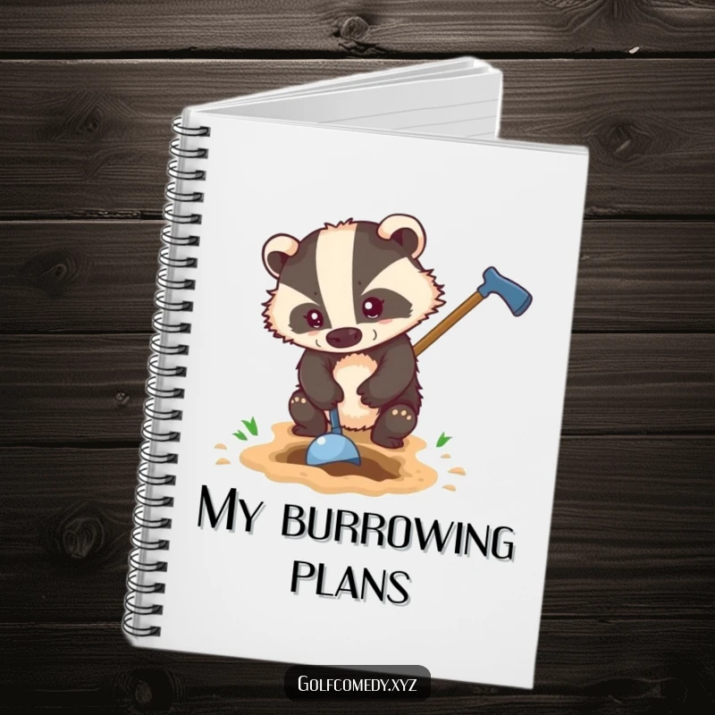 Funny badger digging a hole with a golf club, designed on a lined notebook for humorous planning.