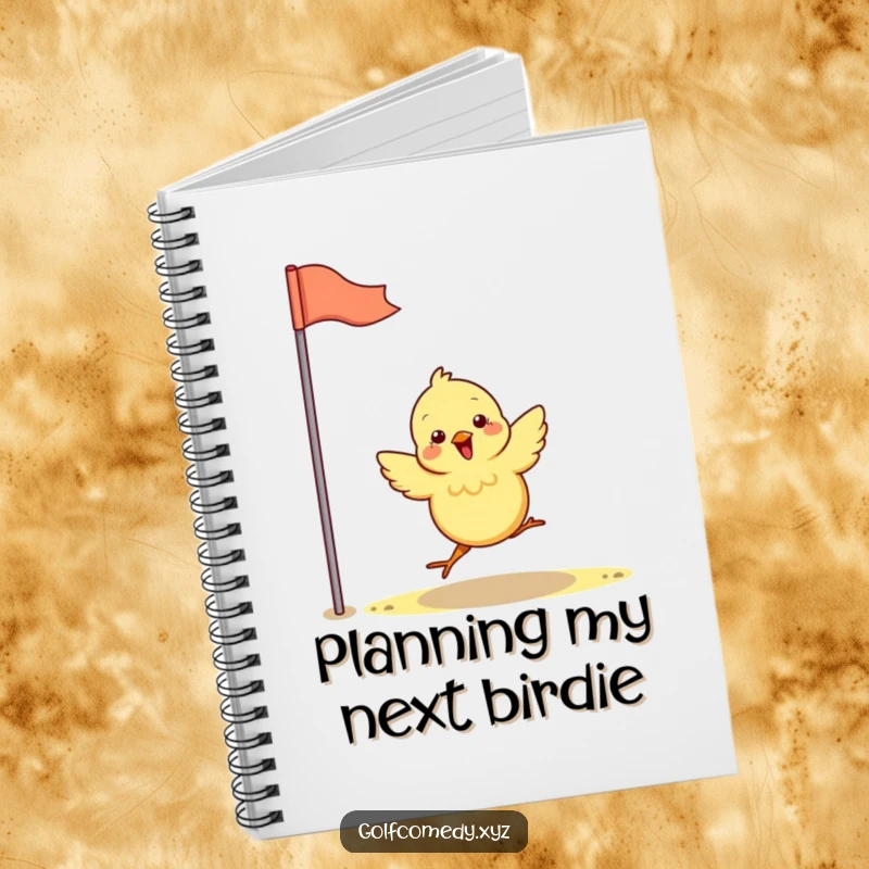 Funny chick joyfully hops towards a golf flag, designed on a lined notebook, perfect for humorous note-taking.