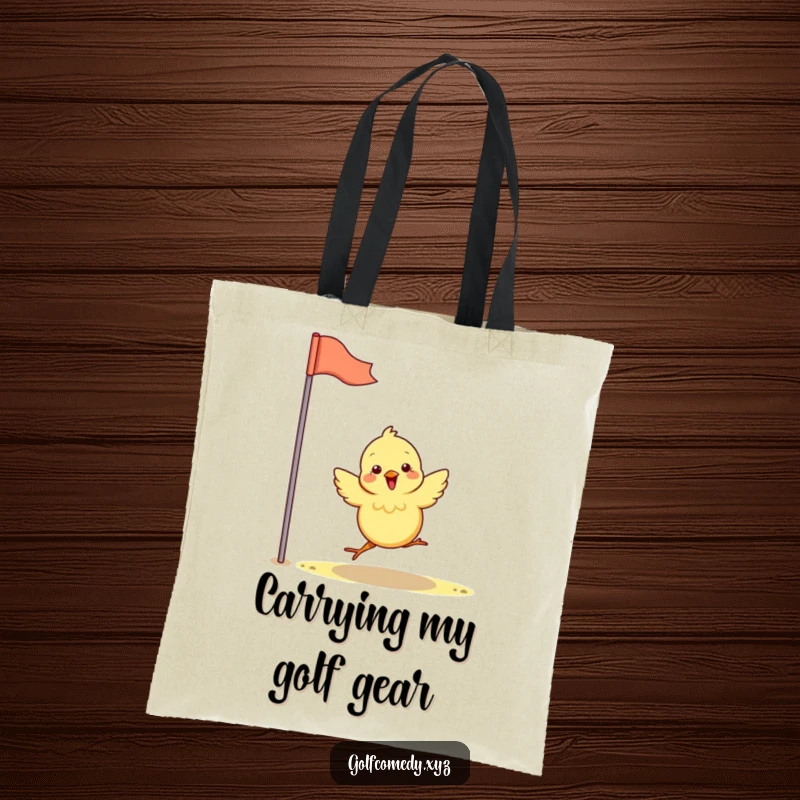 Funny chick happily hops toward a golf flag, printed on a durable tote bag, ideal for humorous golf enthusiasts.