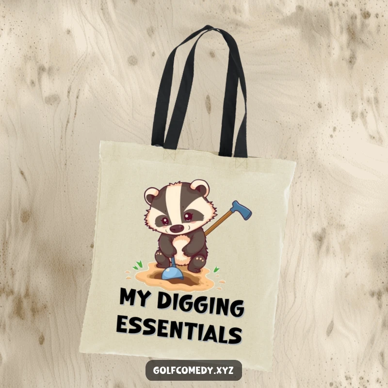 Funny badger digging a hole using a golf club, printed on a sturdy tote bag for humorous practicality.